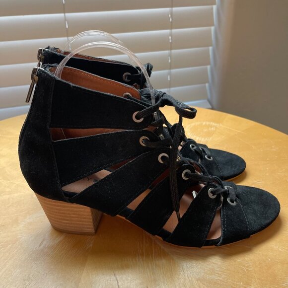 Lucky Brand Genevie Black 8.5M Lace Up Zip Back Cutout Open Toe Chunky Heels - Picture 4 of 9